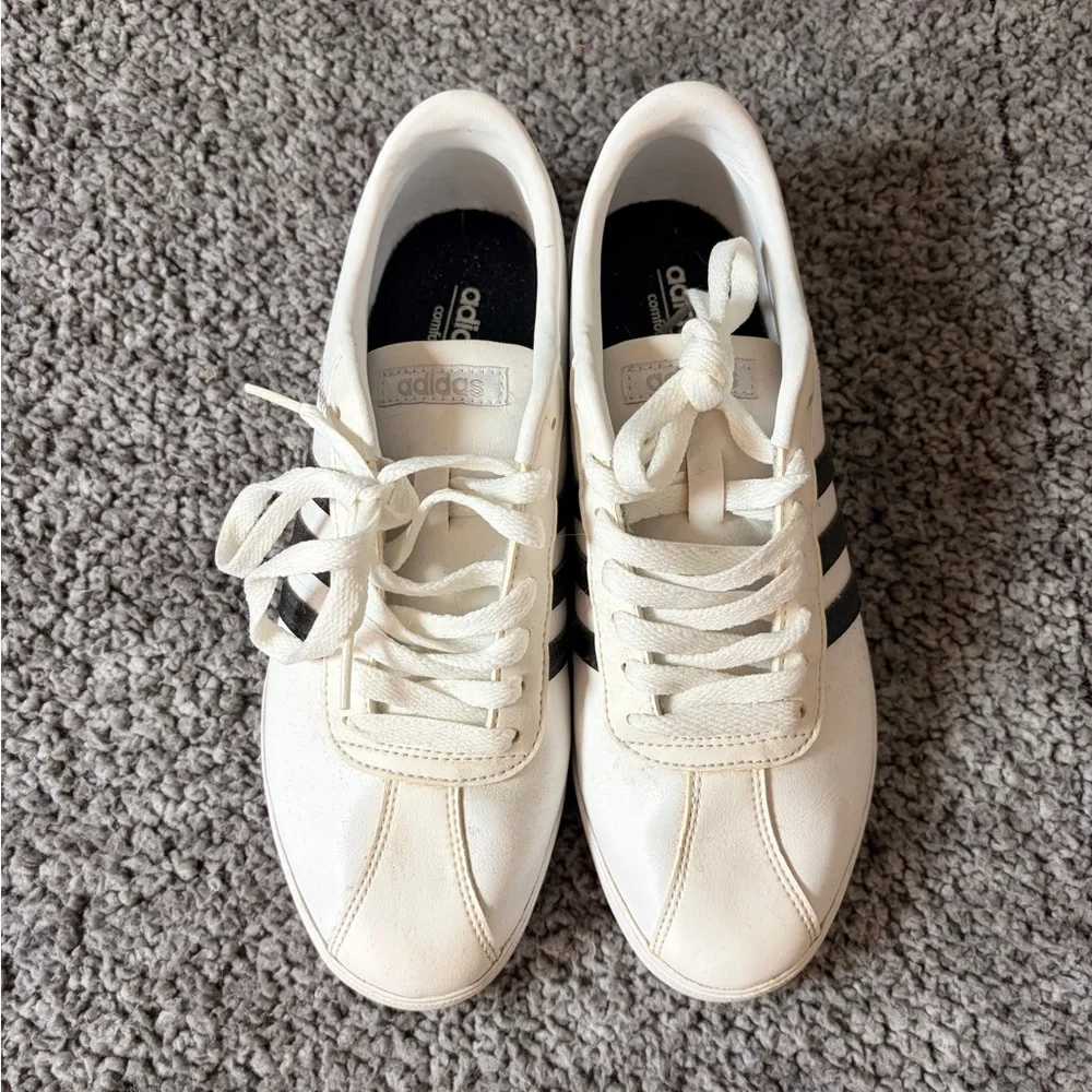 Adidas Neo Leather White w/Black Stripe Sneakers Womens 8 - Picture 2 of 9